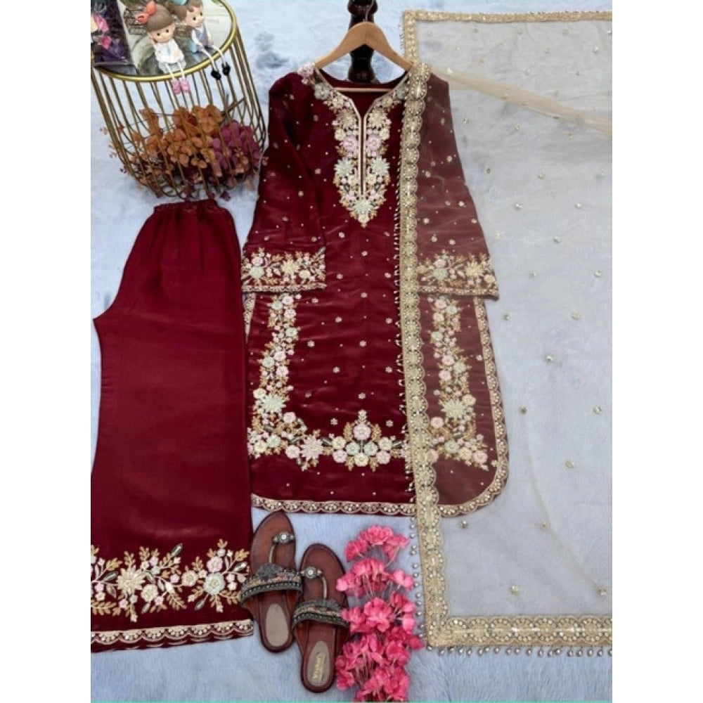 Snuggle Spot Women's Silk Embroidered 3/4th Sleeve Round Kurti With Palazzo Pant and Dupatta Set (Maroon)
