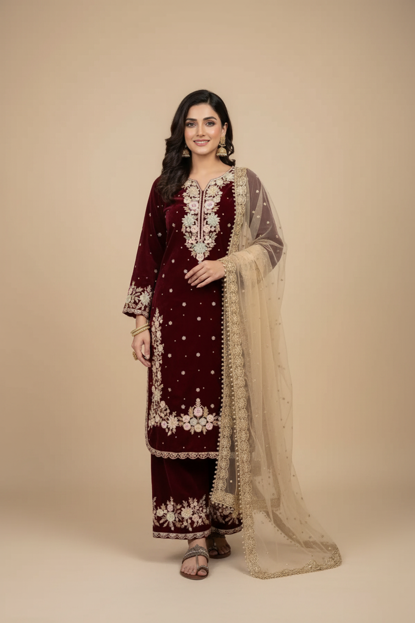 Snuggle Spot Women's Silk Embroidered 3/4th Sleeve Round Kurti With Palazzo Pant and Dupatta Set (Maroon)