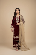 Snuggle Spot Women's Silk Embroidered 3/4th Sleeve Round Kurti With Palazzo Pant and Dupatta Set (Maroon)