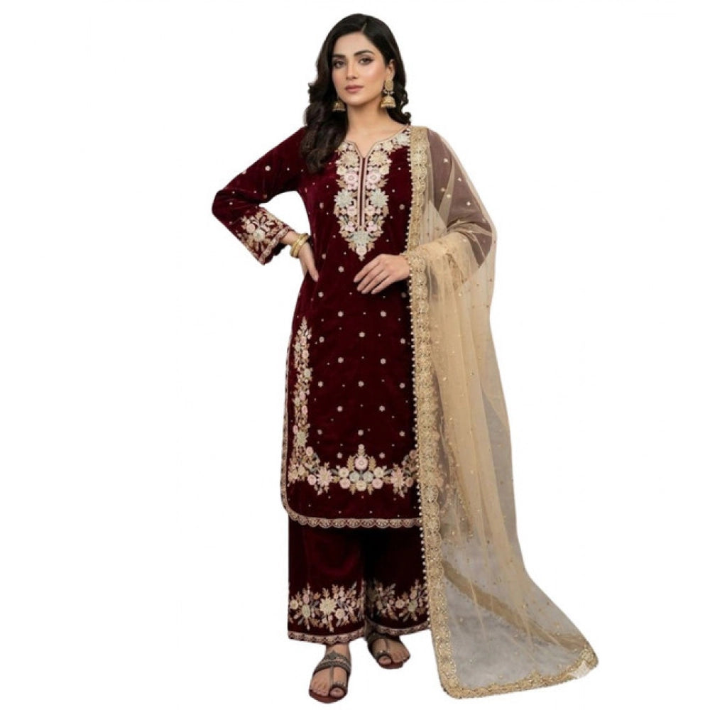 Snuggle Spot Women's Silk Embroidered 3/4th Sleeve Round Kurti With Palazzo Pant and Dupatta Set (Maroon)
