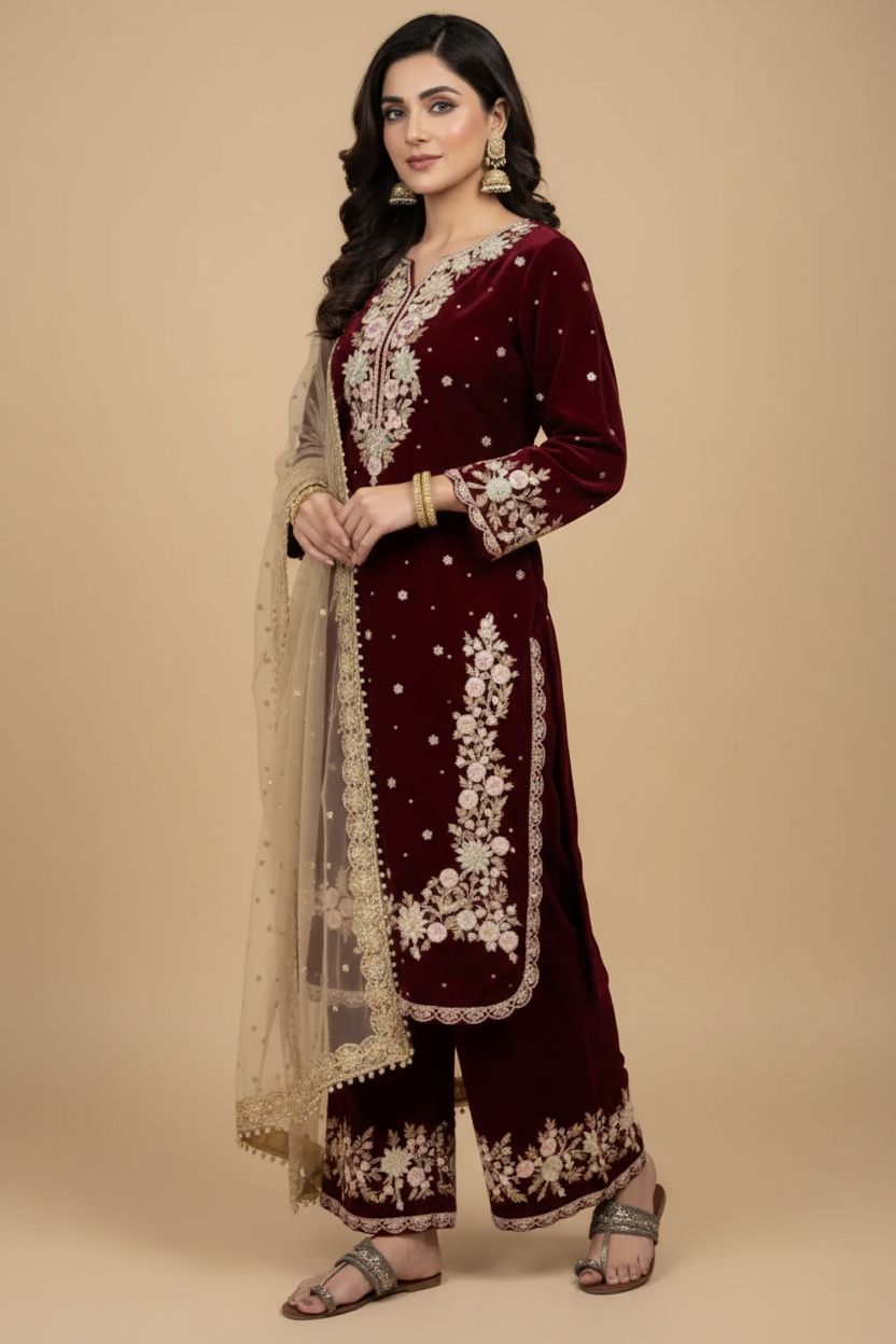 Snuggle Spot Women's Silk Embroidered 3/4th Sleeve Round Kurti With Palazzo Pant and Dupatta Set (Maroon)