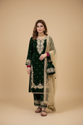 Snuggle Spot Women's Silk Embroidered 3/4th Sleeve Round Kurti With Palazzo Pant and Dupatta Set (Dark Green)