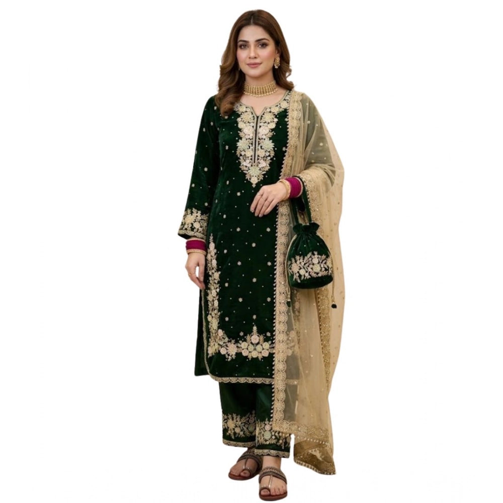 Snuggle Spot Women's Silk Embroidered 3/4th Sleeve Round Kurti With Palazzo Pant and Dupatta Set (Dark Green)