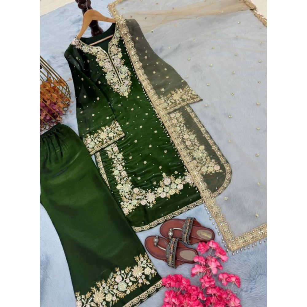 Snuggle Spot Women's Silk Embroidered 3/4th Sleeve Round Kurti With Palazzo Pant and Dupatta Set (Dark Green)