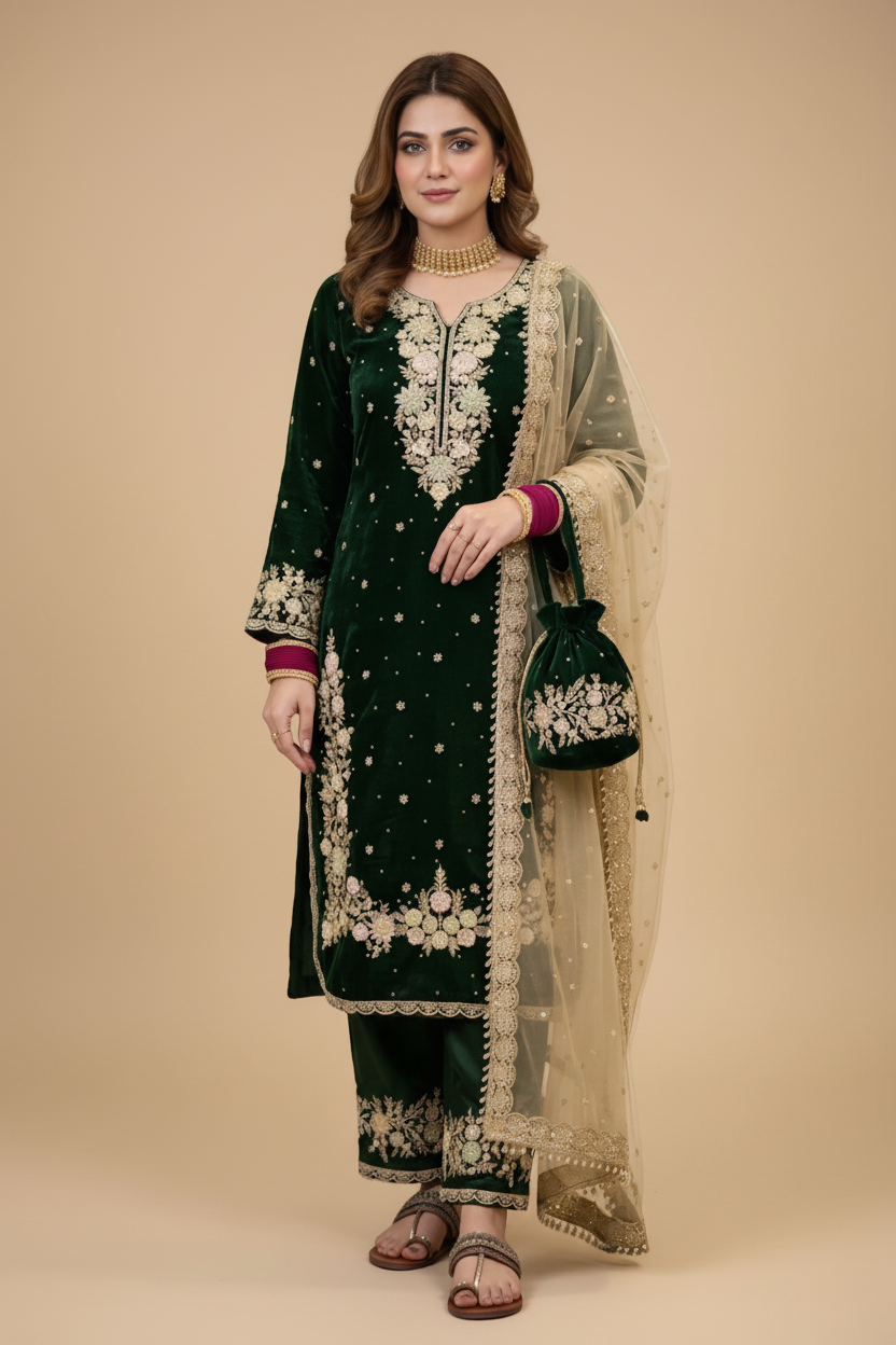 Snuggle Spot Women's Silk Embroidered 3/4th Sleeve Round Kurti With Palazzo Pant and Dupatta Set (Dark Green)