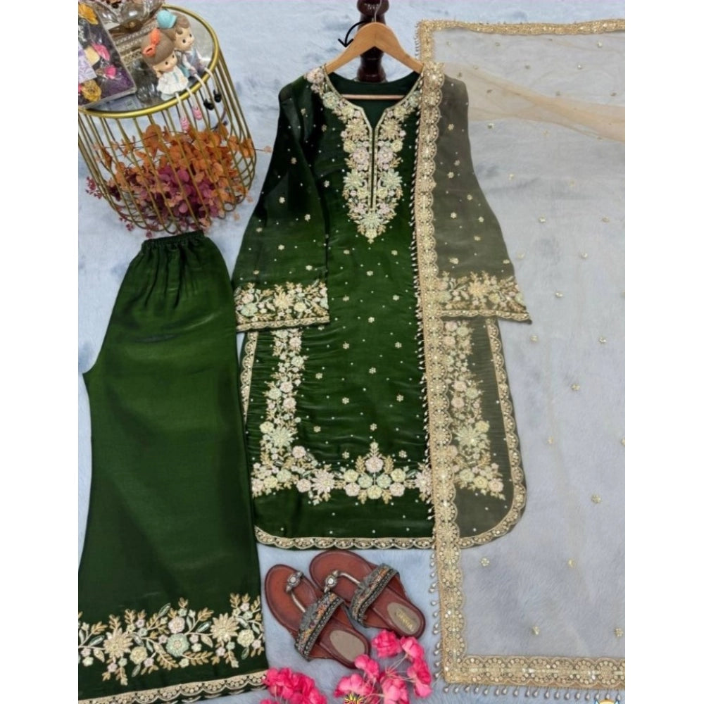 Snuggle Spot Women's Silk Embroidered 3/4th Sleeve Round Kurti With Palazzo Pant and Dupatta Set (Dark Green)
