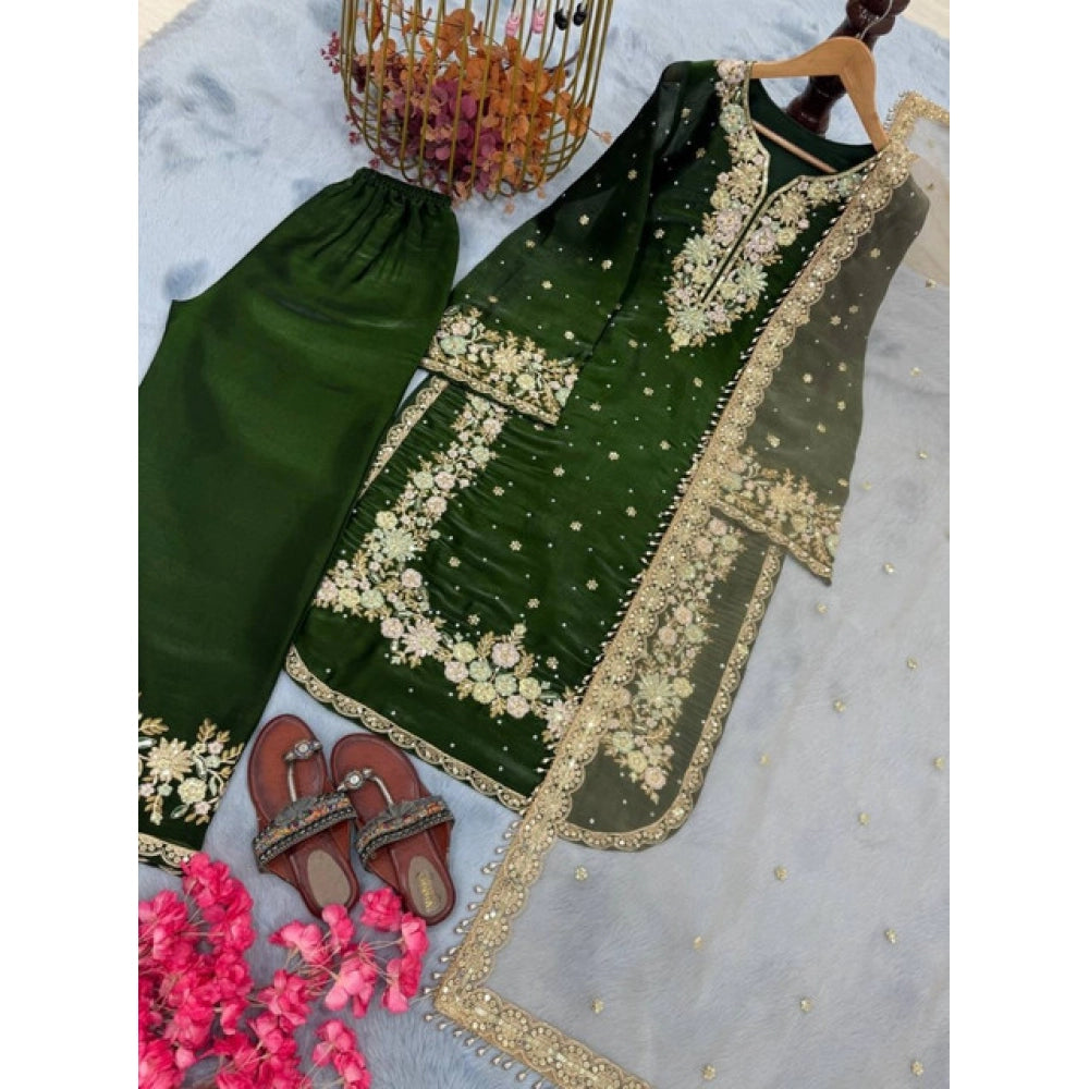 Snuggle Spot Women's Silk Embroidered 3/4th Sleeve Round Kurti With Palazzo Pant and Dupatta Set (Dark Green)