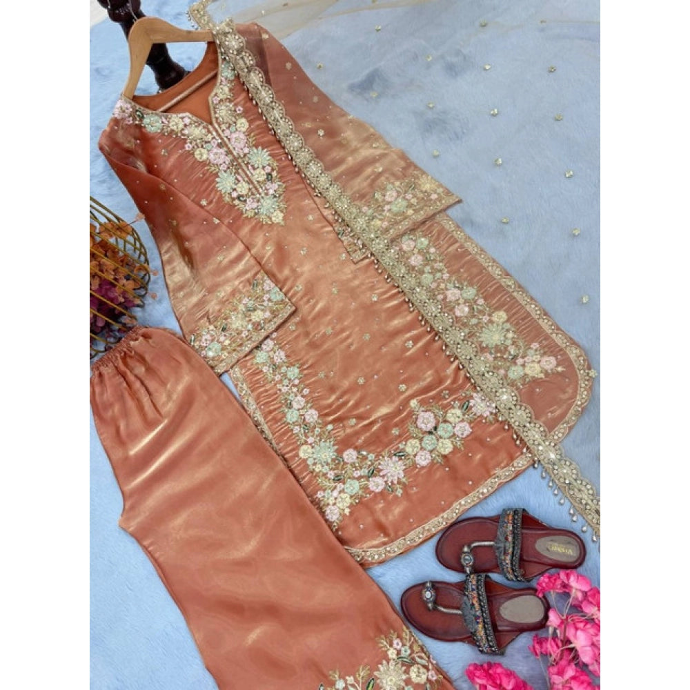 Snuggle Spot Women's Silk Embroidered 3/4th Sleeve Round Kurti With Palazzo Pant and Dupatta Set (Orange)
