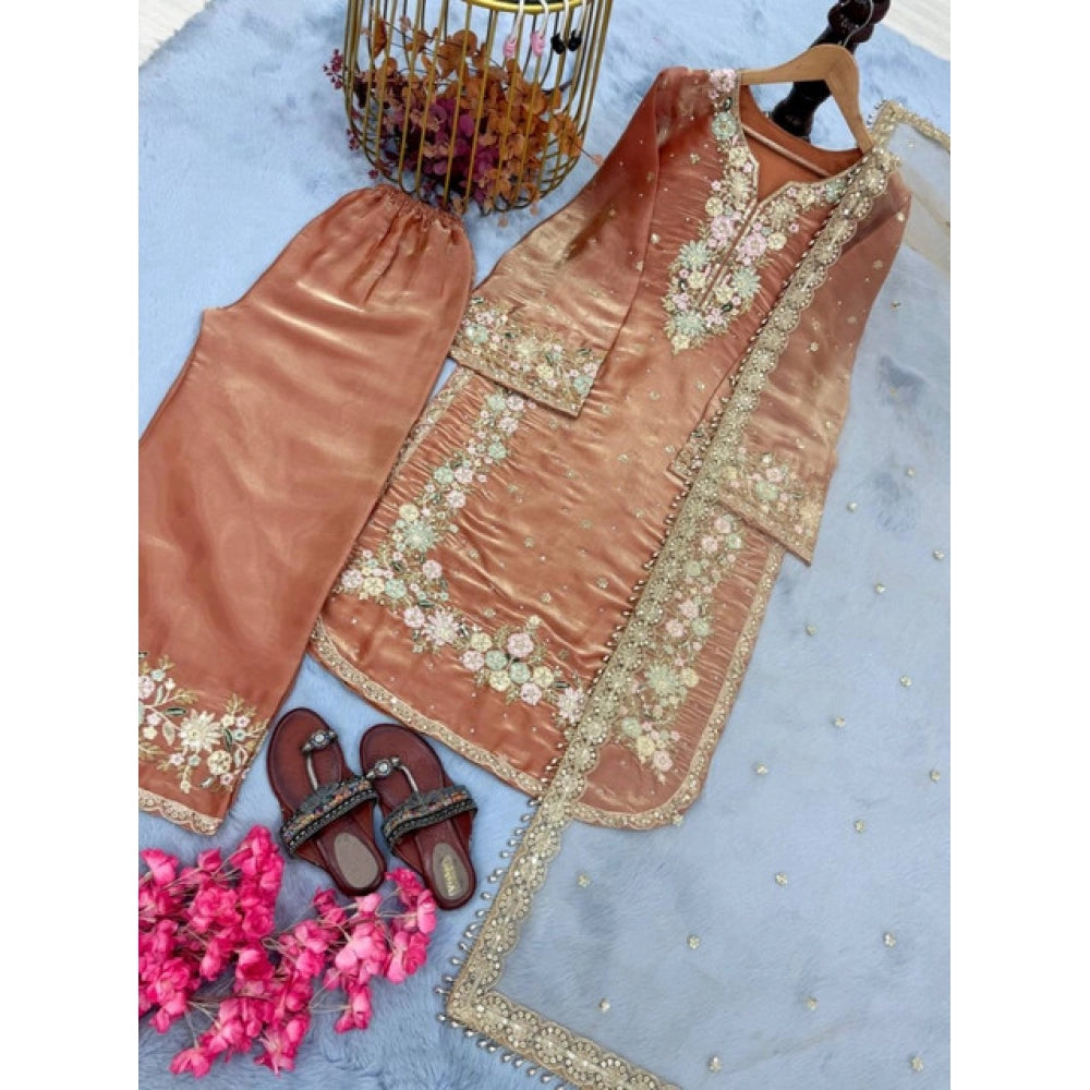 Snuggle Spot Women's Silk Embroidered 3/4th Sleeve Round Kurti With Palazzo Pant and Dupatta Set (Orange)