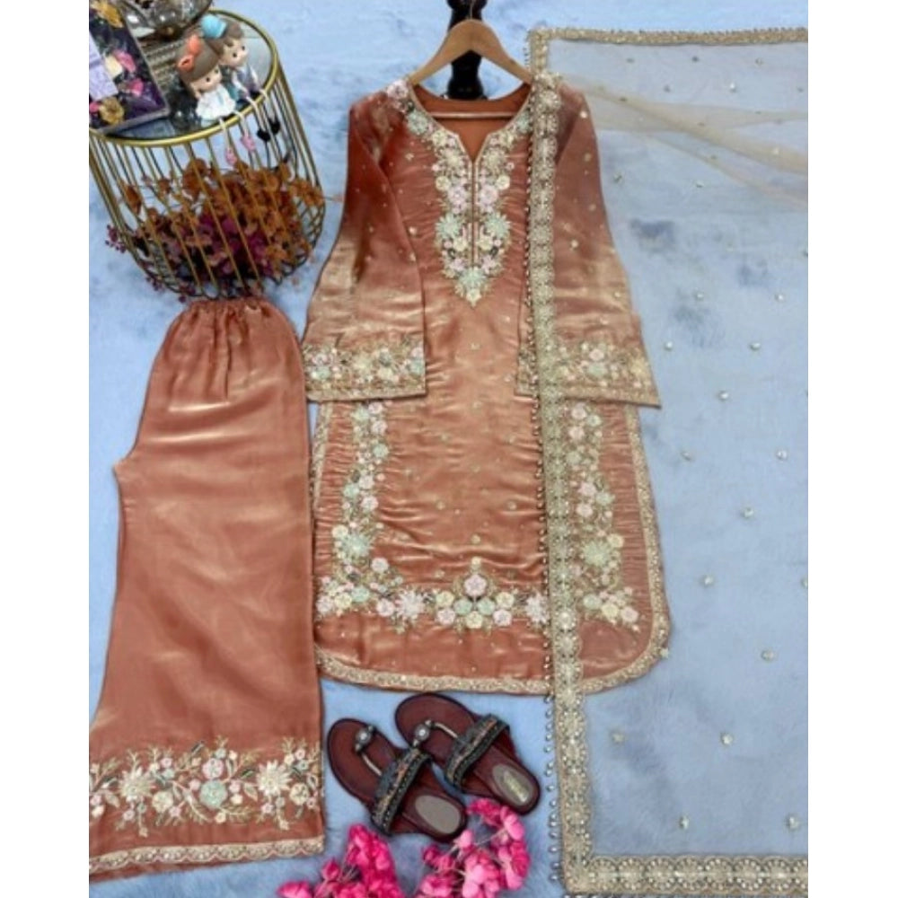 Snuggle Spot Women's Silk Embroidered 3/4th Sleeve Round Kurti With Palazzo Pant and Dupatta Set (Orange)