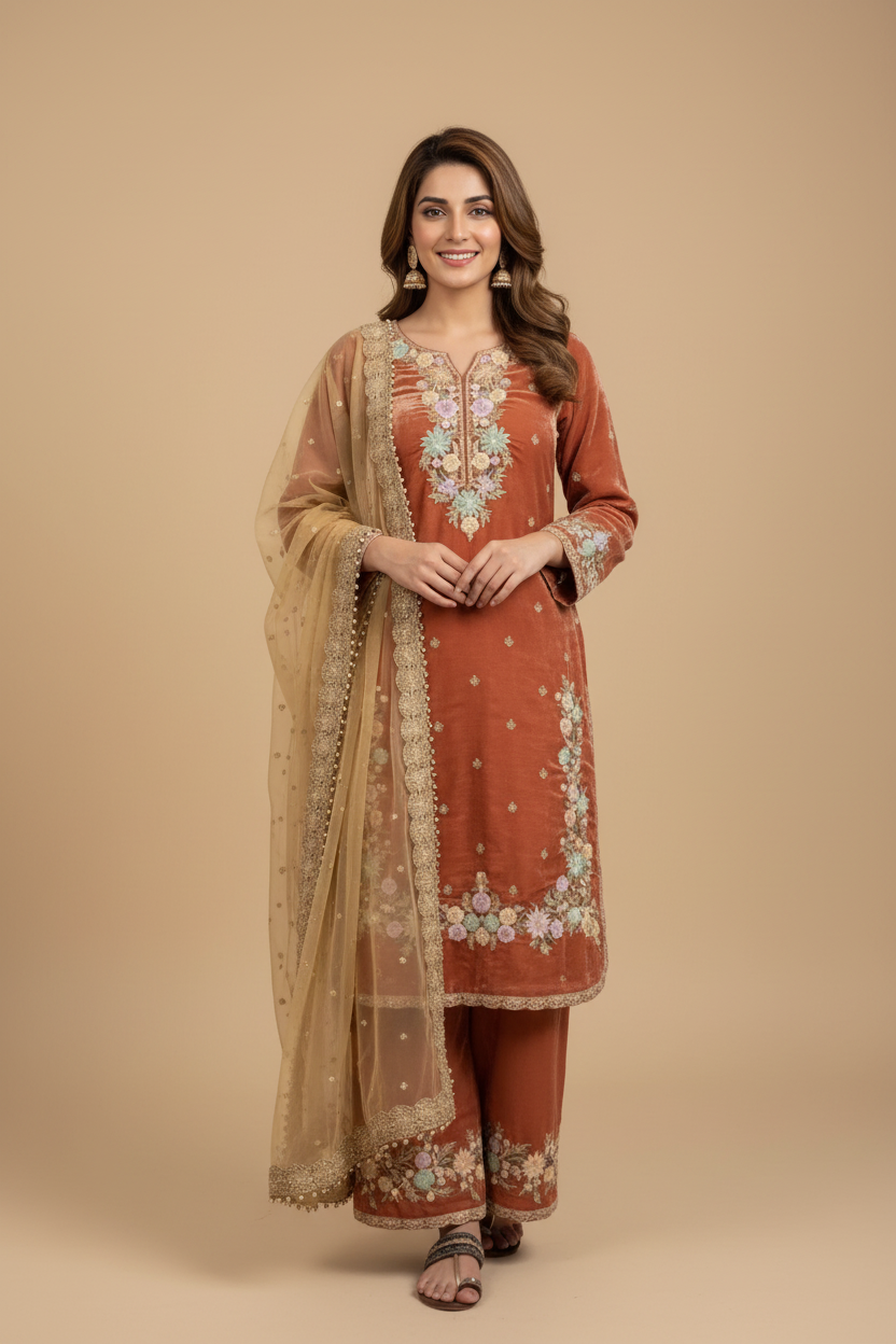 Snuggle Spot Women's Silk Embroidered 3/4th Sleeve Round Kurti With Palazzo Pant and Dupatta Set (Orange)