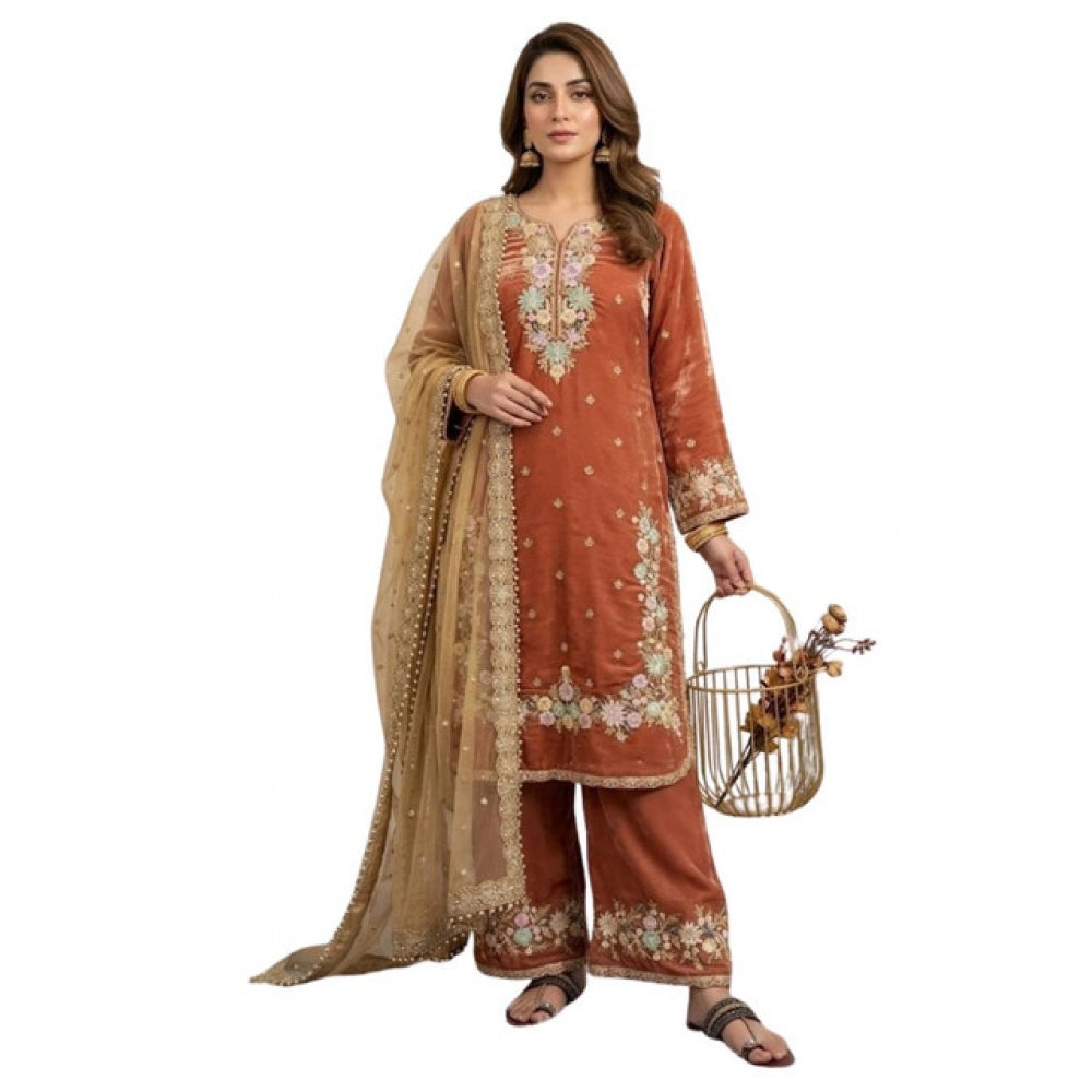 Snuggle Spot Women's Silk Embroidered 3/4th Sleeve Round Kurti With Palazzo Pant and Dupatta Set (Orange)