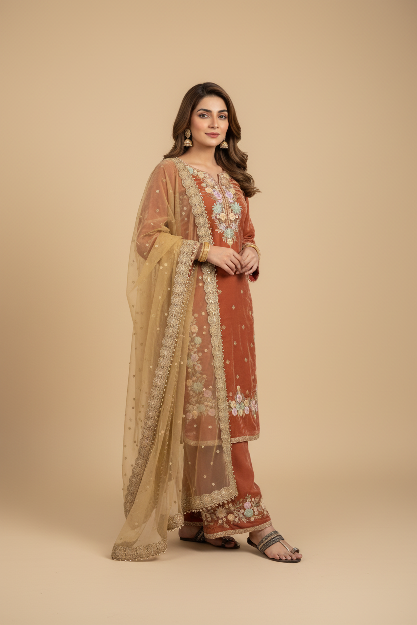 Snuggle Spot Women's Silk Embroidered 3/4th Sleeve Round Kurti With Palazzo Pant and Dupatta Set (Orange)