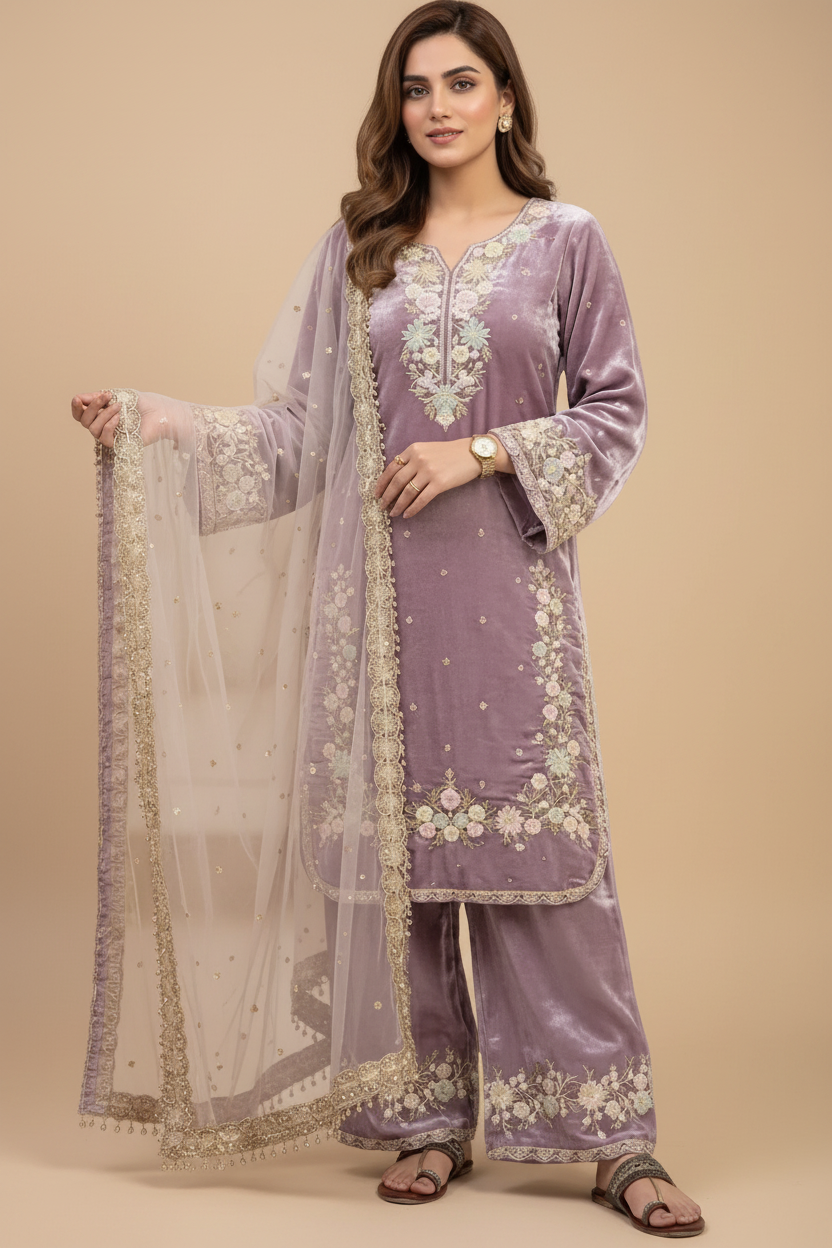 Snuggle Spot Women's Silk Embroidered 3/4th Sleeve Round Kurti With Palazzo Pant and Dupatta Set (Lavender)