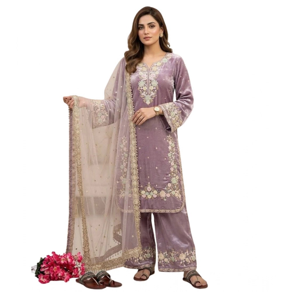 Snuggle Spot Women's Silk Embroidered 3/4th Sleeve Round Kurti With Palazzo Pant and Dupatta Set (Lavender)