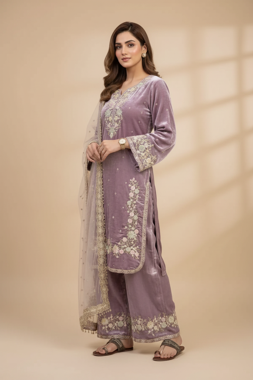 Snuggle Spot Women's Silk Embroidered 3/4th Sleeve Round Kurti With Palazzo Pant and Dupatta Set (Lavender)