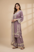 Snuggle Spot Women's Silk Embroidered 3/4th Sleeve Round Kurti With Palazzo Pant and Dupatta Set (Lavender)