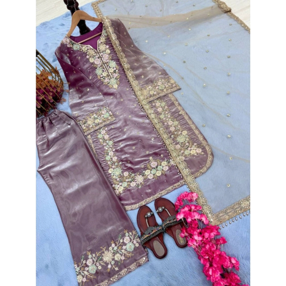 Snuggle Spot Women's Silk Embroidered 3/4th Sleeve Round Kurti With Palazzo Pant and Dupatta Set (Lavender)