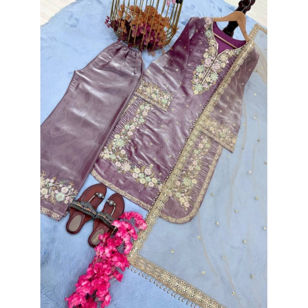 Snuggle Spot Women's Silk Embroidered 3/4th Sleeve Round Kurti With Palazzo Pant and Dupatta Set (Lavender)