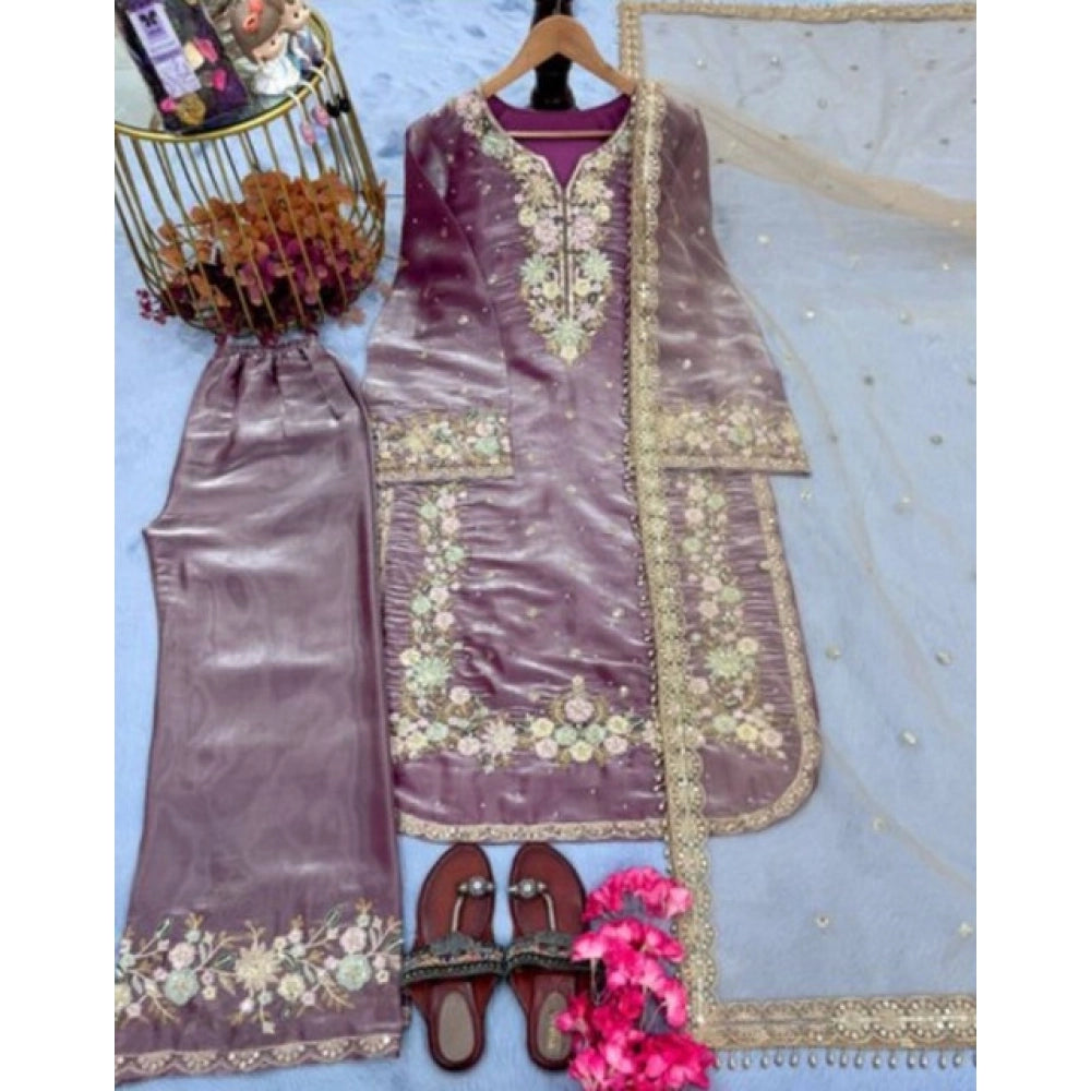 Snuggle Spot Women's Silk Embroidered 3/4th Sleeve Round Kurti With Palazzo Pant and Dupatta Set (Lavender)