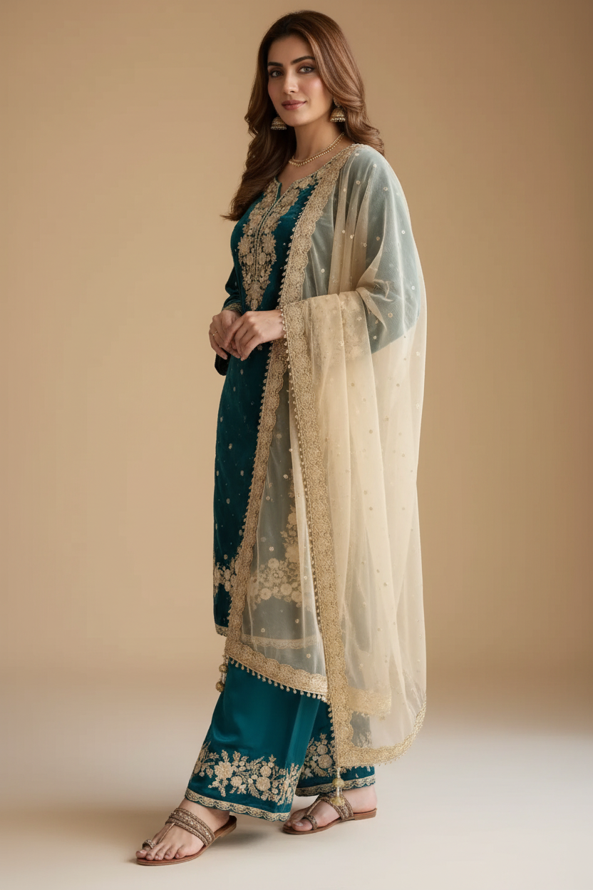 Snuggle Spot Women's Silk Embroidered 3/4th Sleeve Round Kurti With Palazzo Pant and Dupatta Set (Teal)