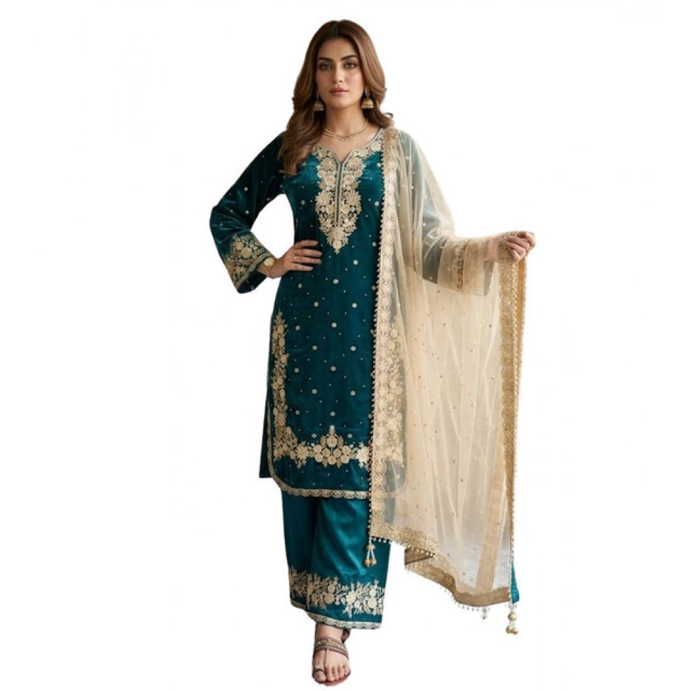Snuggle Spot Women's Silk Embroidered 3/4th Sleeve Round Kurti With Palazzo Pant and Dupatta Set (Teal)