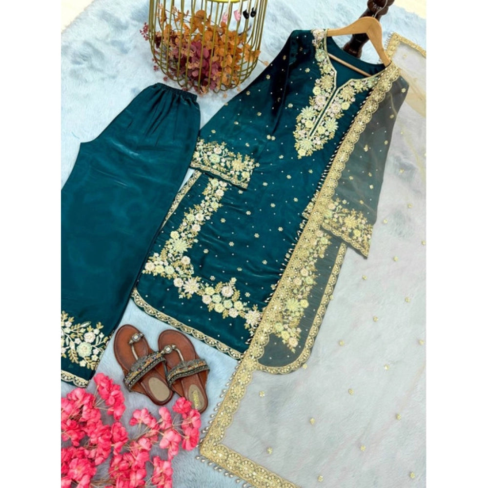 Snuggle Spot Women's Silk Embroidered 3/4th Sleeve Round Kurti With Palazzo Pant and Dupatta Set (Teal)