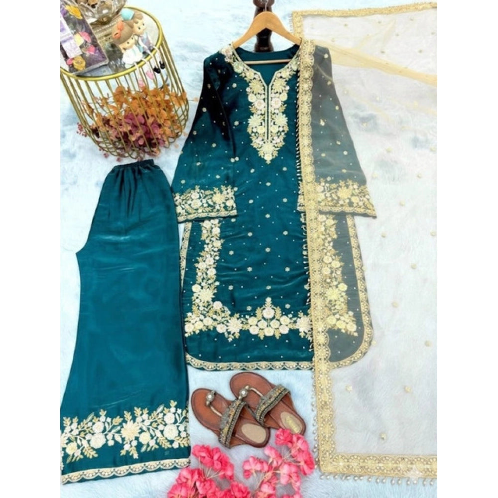 Snuggle Spot Women's Silk Embroidered 3/4th Sleeve Round Kurti With Palazzo Pant and Dupatta Set (Teal)