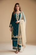 Snuggle Spot Women's Silk Embroidered 3/4th Sleeve Round Kurti With Palazzo Pant and Dupatta Set (Teal)