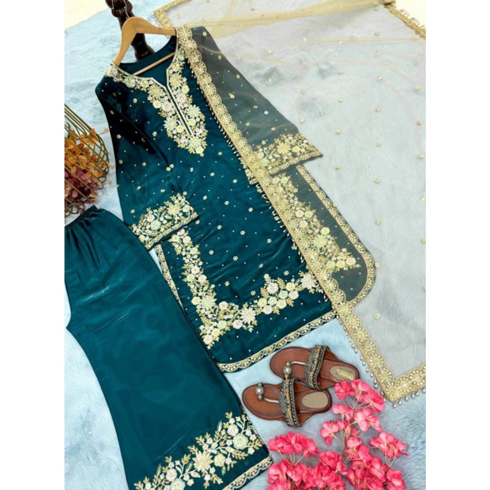 Snuggle Spot Women's Silk Embroidered 3/4th Sleeve Round Kurti With Palazzo Pant and Dupatta Set (Teal)
