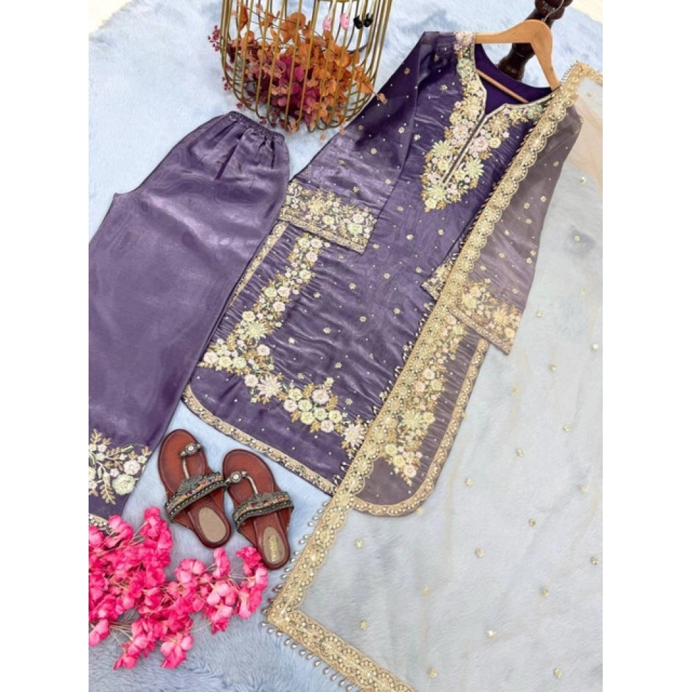 Snuggle Spot Women's Silk Embroidered 3/4th Sleeve Round Kurti With Palazzo Pant and Dupatta Set (Purple)