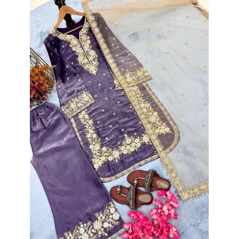 Snuggle Spot Women's Silk Embroidered 3/4th Sleeve Round Kurti With Palazzo Pant and Dupatta Set (Purple)