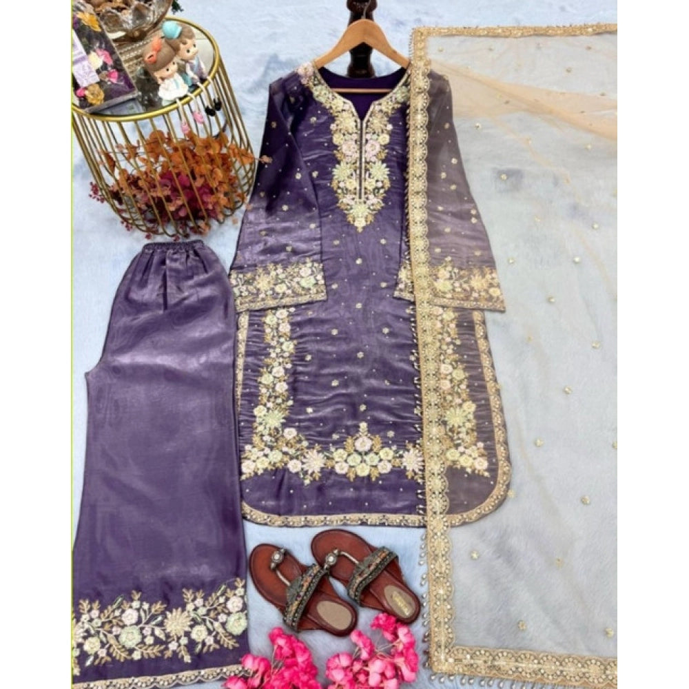 Snuggle Spot Women's Silk Embroidered 3/4th Sleeve Round Kurti With Palazzo Pant and Dupatta Set (Purple)