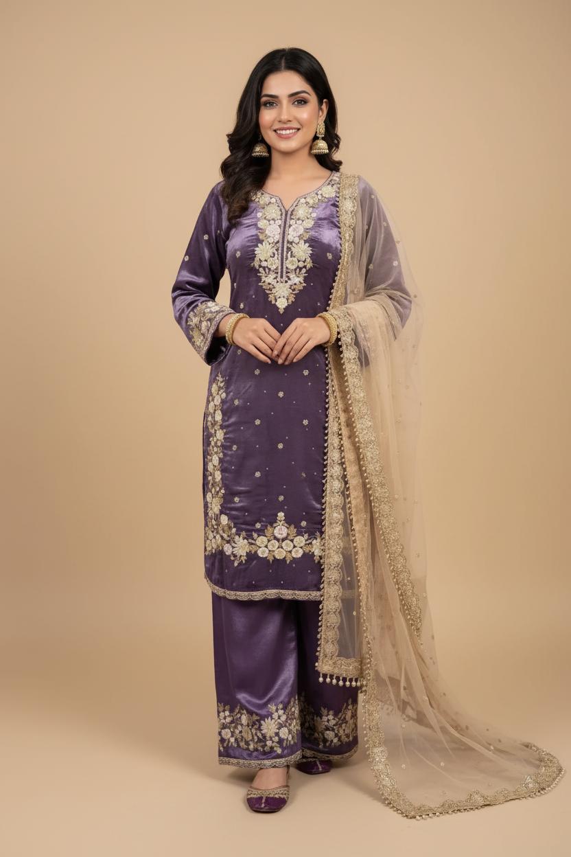Snuggle Spot Women's Silk Embroidered 3/4th Sleeve Round Kurti With Palazzo Pant and Dupatta Set (Purple)