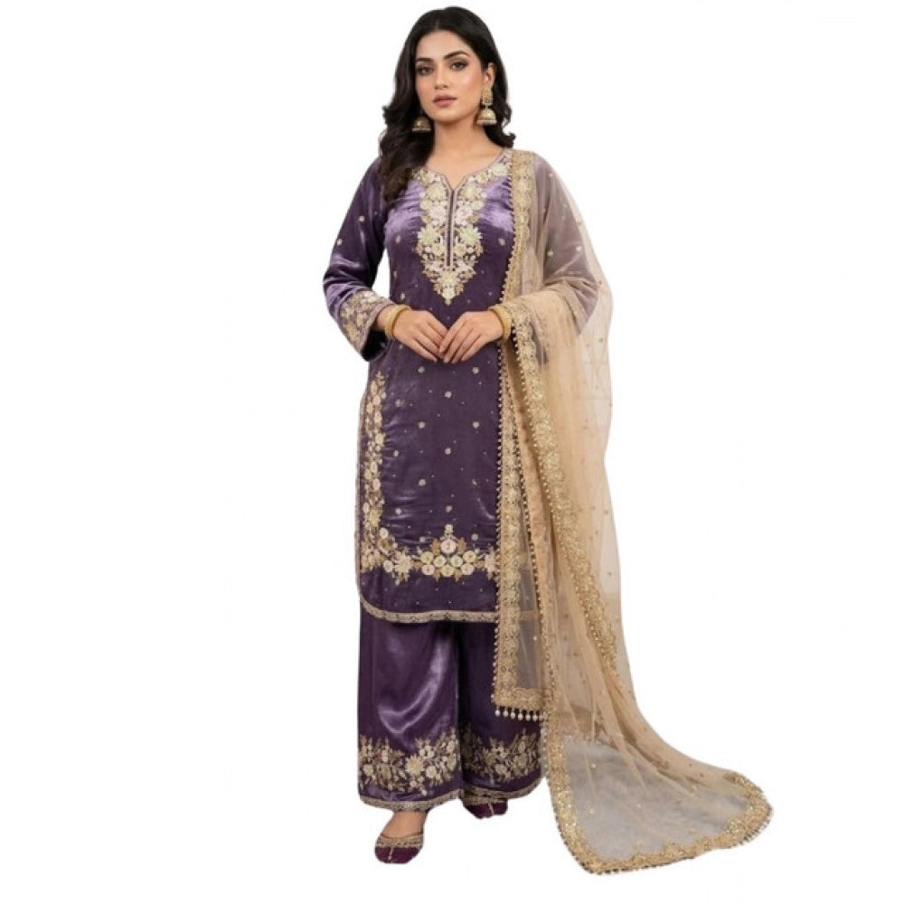 Snuggle Spot Women's Silk Embroidered 3/4th Sleeve Round Kurti With Palazzo Pant and Dupatta Set (Purple)