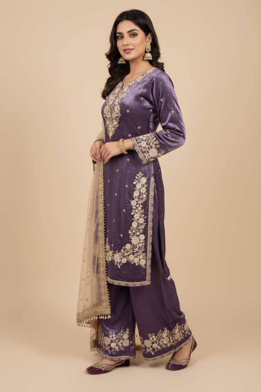 Snuggle Spot Women's Silk Embroidered 3/4th Sleeve Round Kurti With Palazzo Pant and Dupatta Set (Purple)