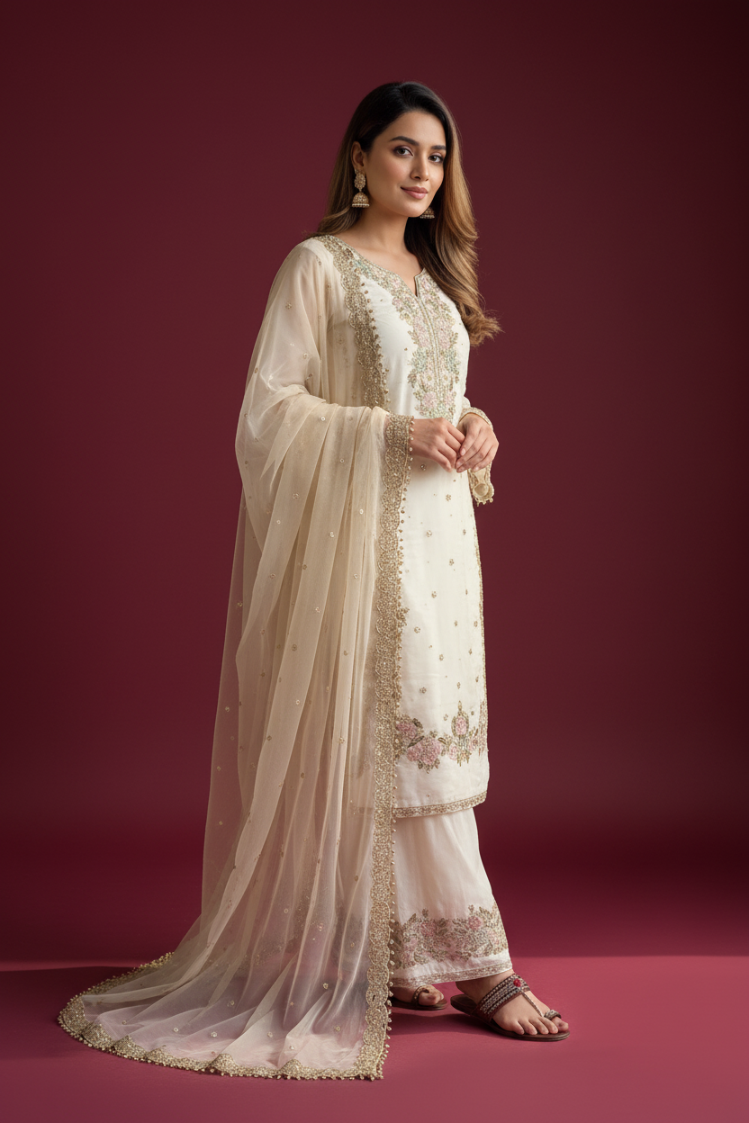 Snuggle Spot Women's Silk Embroidered 3/4th Sleeve Round Kurti With Palazzo Pant and Dupatta Set (White)