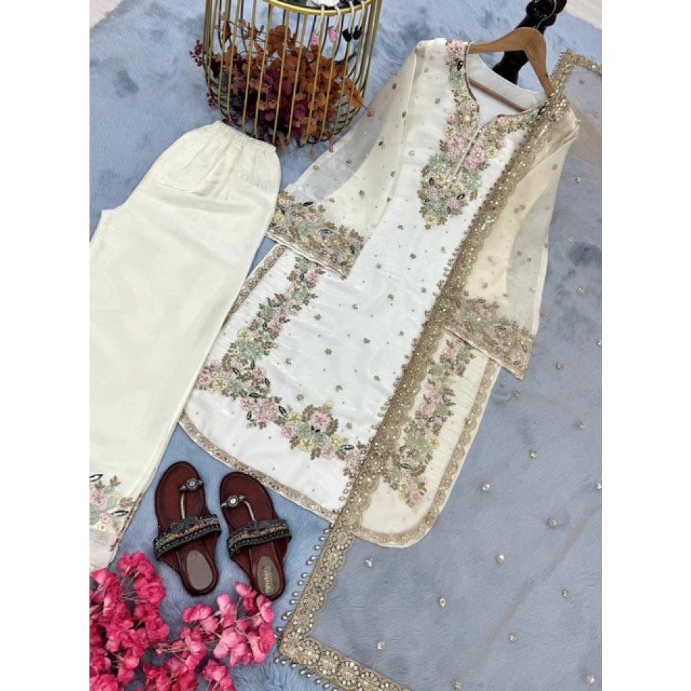Snuggle Spot Women's Silk Embroidered 3/4th Sleeve Round Kurti With Palazzo Pant and Dupatta Set (White)