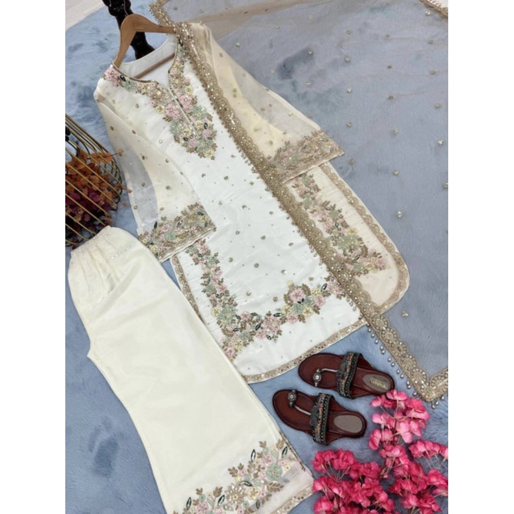 Snuggle Spot Women's Silk Embroidered 3/4th Sleeve Round Kurti With Palazzo Pant and Dupatta Set (White)