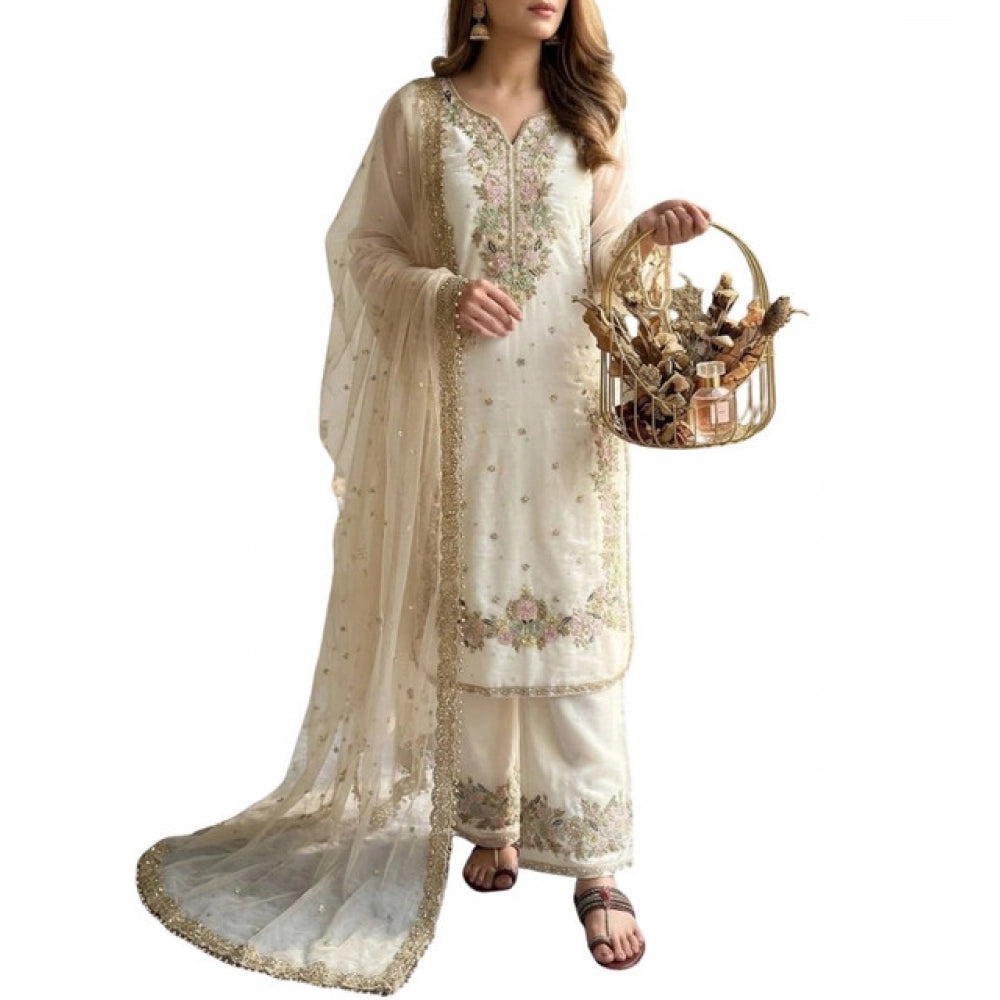 Snuggle Spot Women's Silk Embroidered 3/4th Sleeve Round Kurti With Palazzo Pant and Dupatta Set (White)