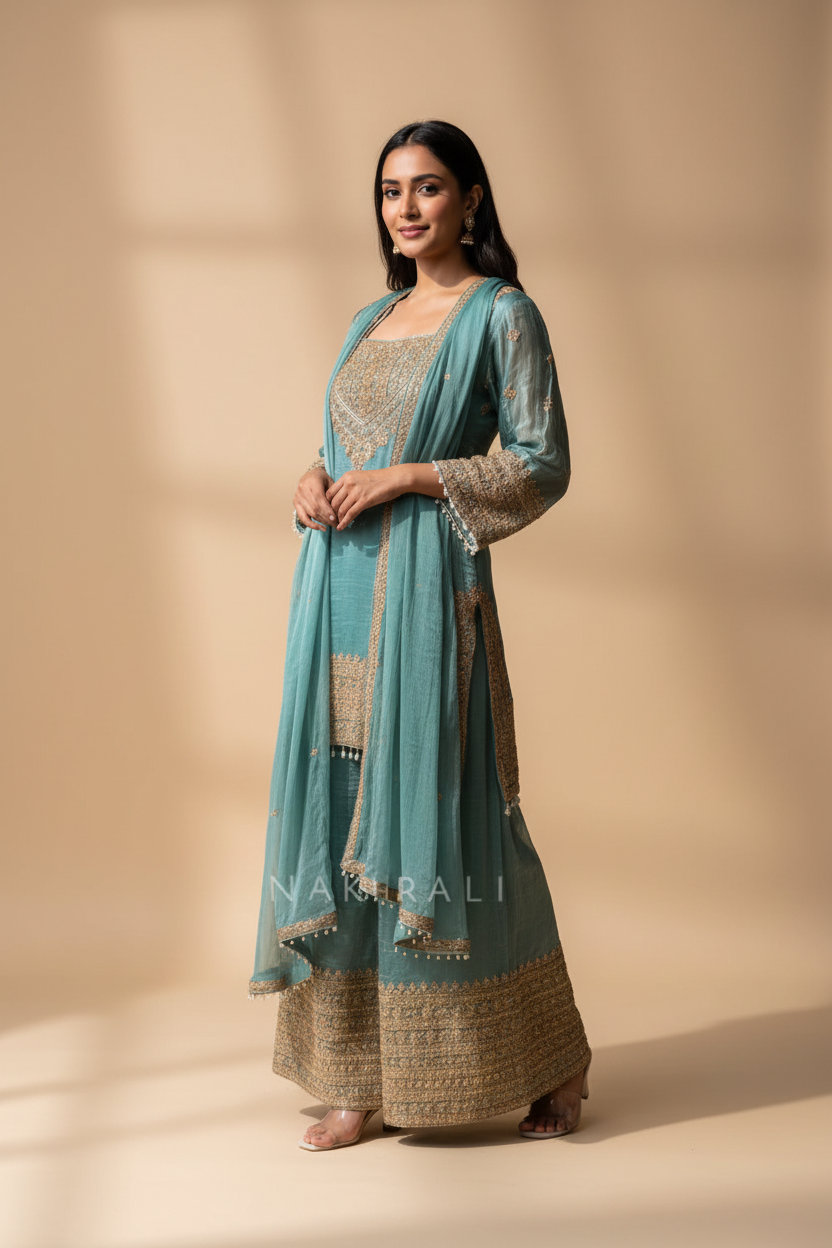 Snuggle Spot Women's Silk Embroidered 3/4th Sleeve Round Kurti With Sharara Pant and Dupatta Set (Sea Green)