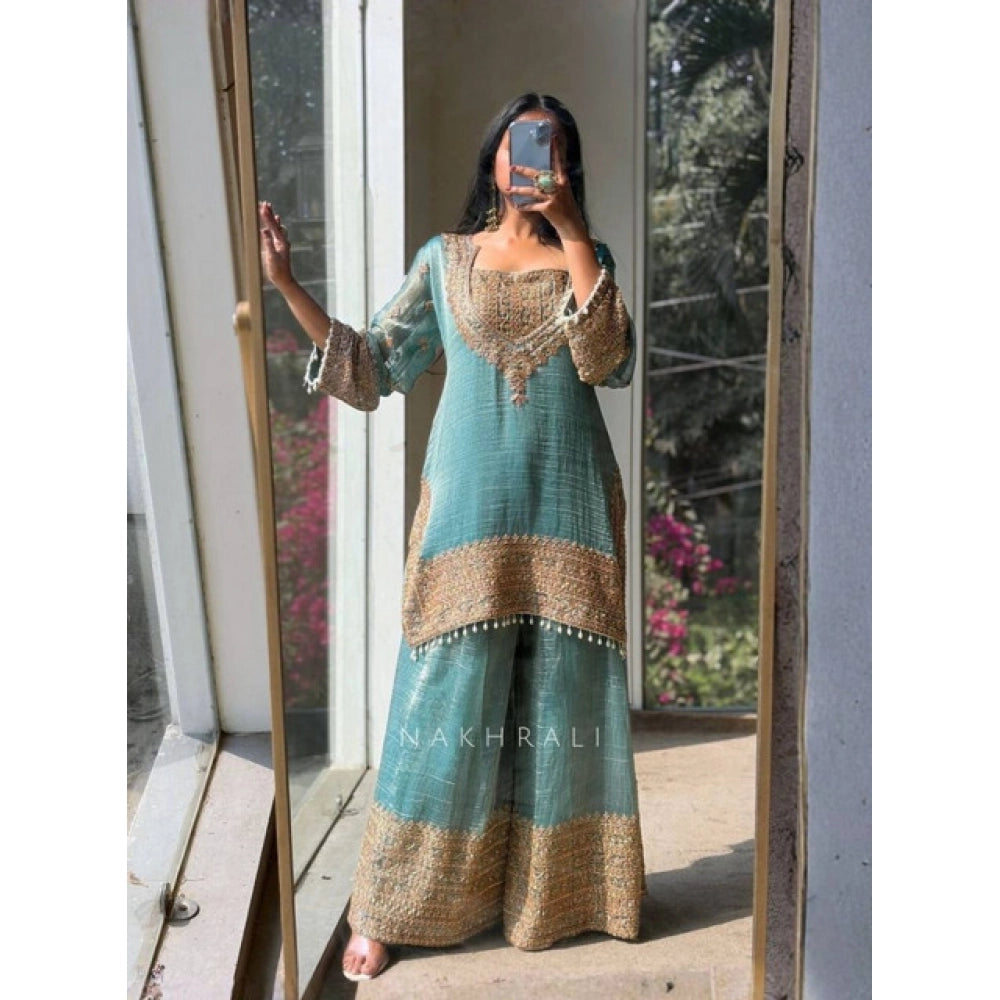 Snuggle Spot Women's Silk Embroidered 3/4th Sleeve Round Kurti With Sharara Pant and Dupatta Set (Sea Green)
