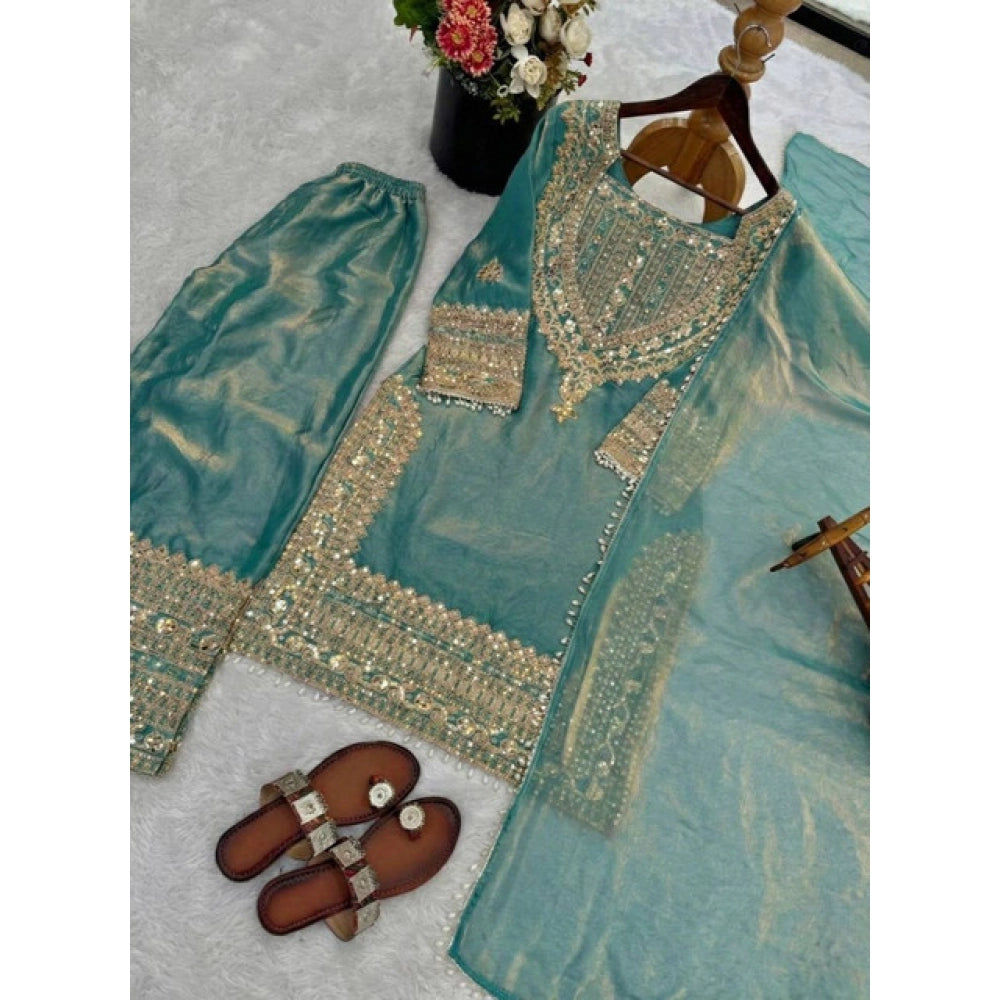 Snuggle Spot Women's Silk Embroidered 3/4th Sleeve Round Kurti With Sharara Pant and Dupatta Set (Sea Green)