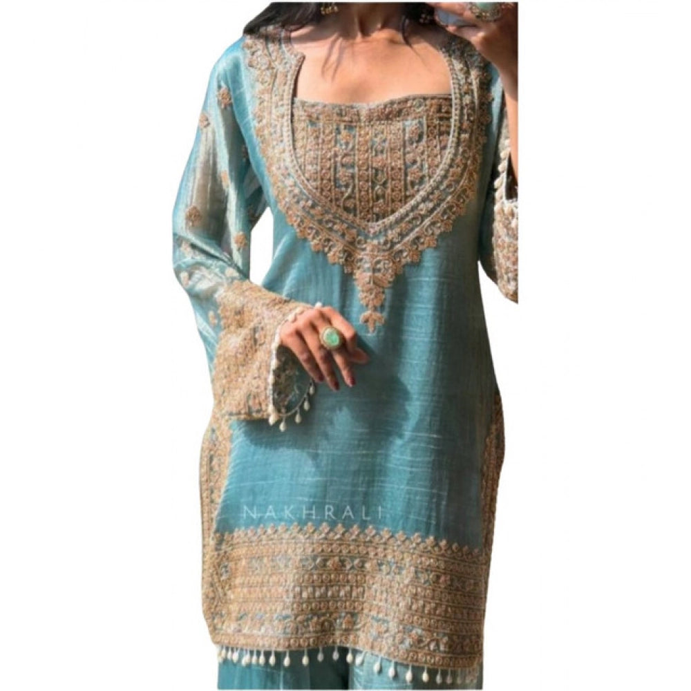 Snuggle Spot Women's Silk Embroidered 3/4th Sleeve Round Kurti With Sharara Pant and Dupatta Set (Sea Green)