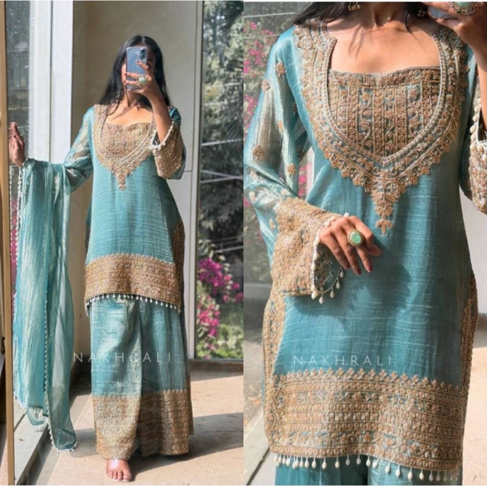 Snuggle Spot Women's Silk Embroidered 3/4th Sleeve Round Kurti With Sharara Pant and Dupatta Set (Sea Green)