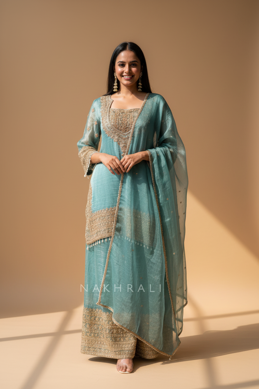 Snuggle Spot Women's Silk Embroidered 3/4th Sleeve Round Kurti With Sharara Pant and Dupatta Set (Sea Green)