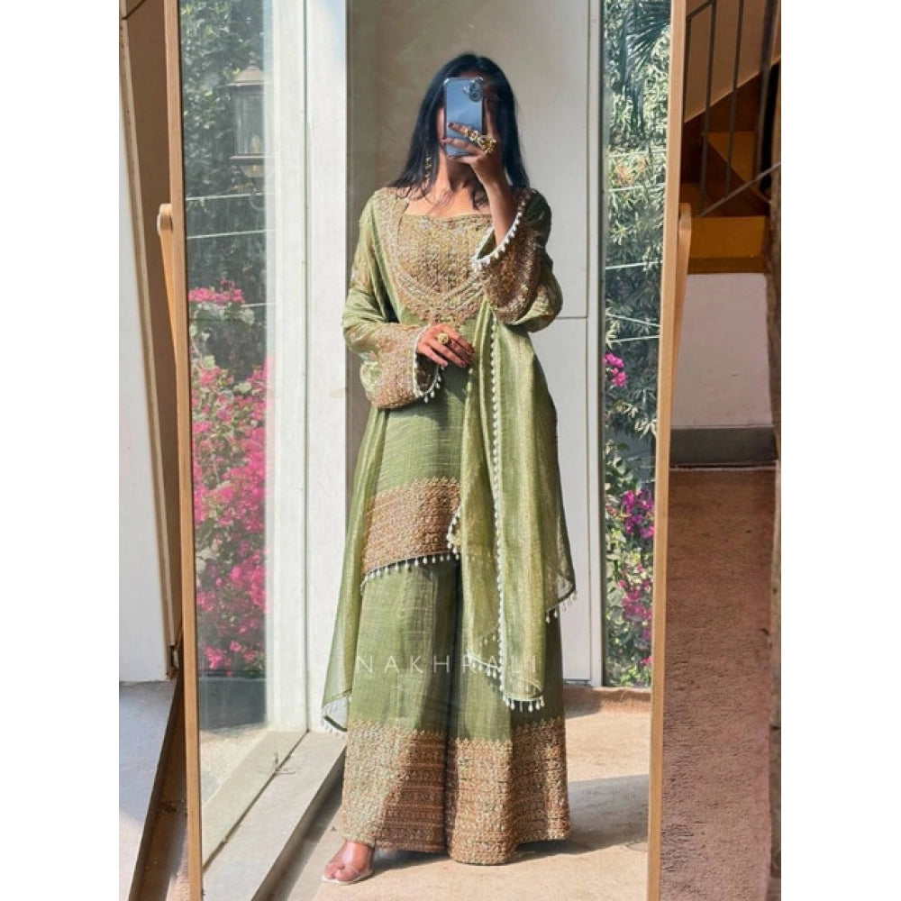 Snuggle Spot Women's Silk Embroidered 3/4th Sleeve Round Kurti With Sharara Pant and Dupatta Set (Green)