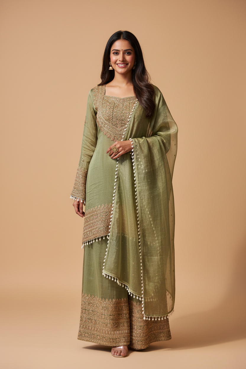 Snuggle Spot Women's Silk Embroidered 3/4th Sleeve Round Kurti With Sharara Pant and Dupatta Set (Green)