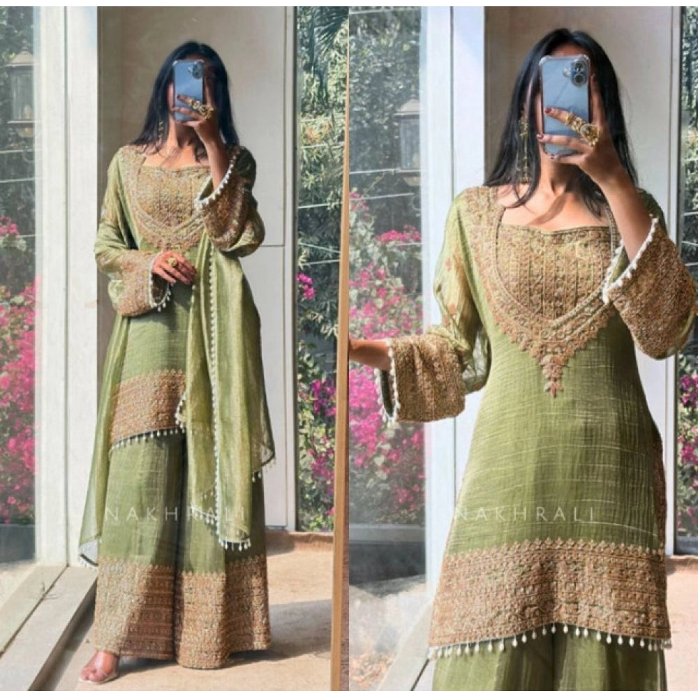 Snuggle Spot Women's Silk Embroidered 3/4th Sleeve Round Kurti With Sharara Pant and Dupatta Set (Green)