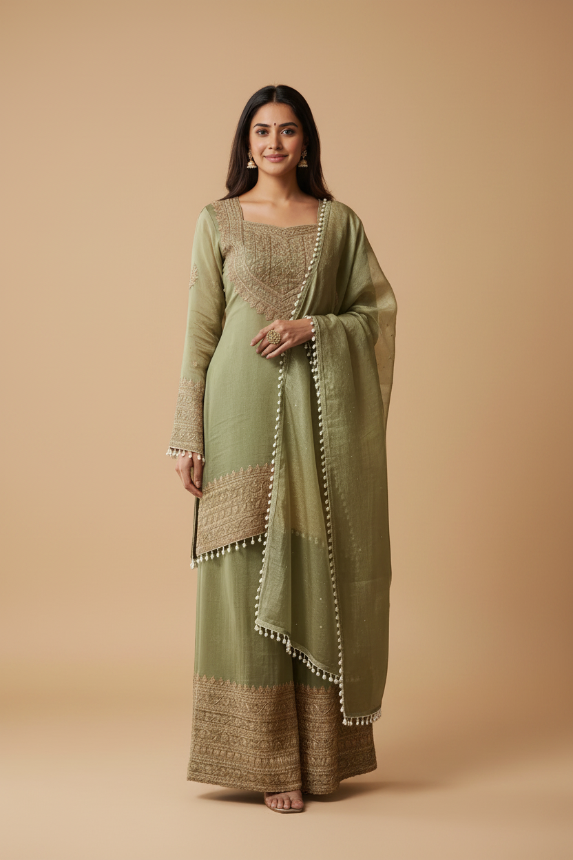 Snuggle Spot Women's Silk Embroidered 3/4th Sleeve Round Kurti With Sharara Pant and Dupatta Set (Green)